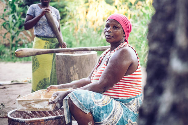 african midaged woman sieving cassava flour in Malawi village