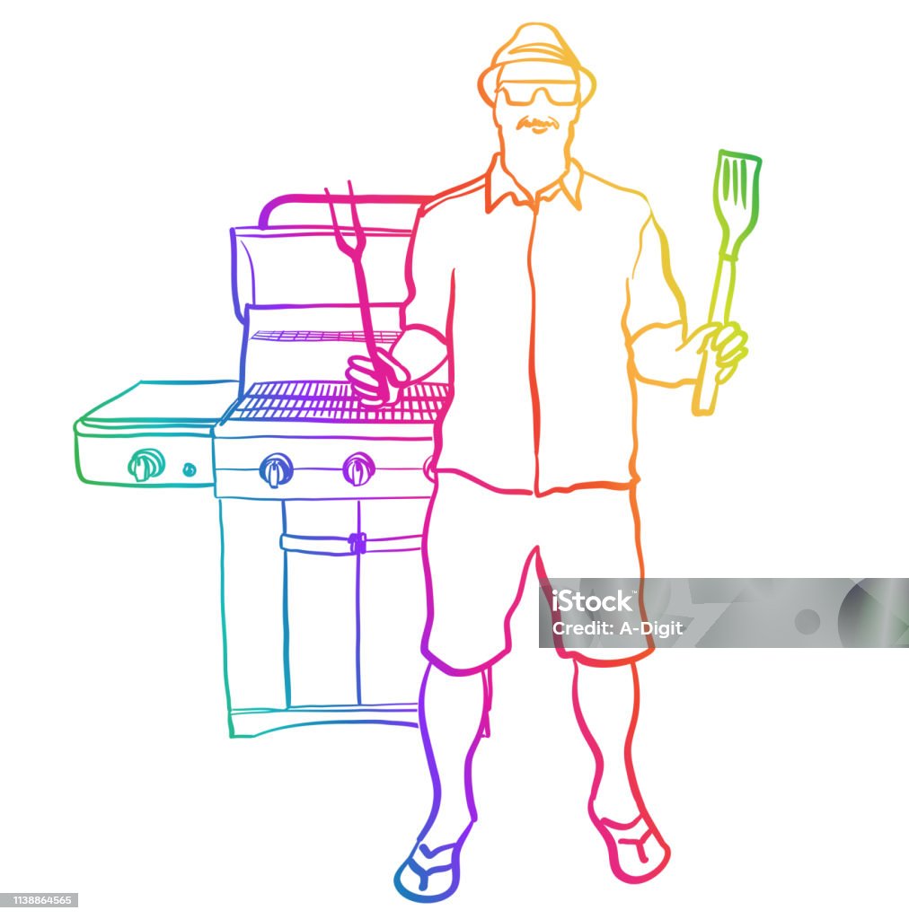 Outdoor Cooking Rainbow Summer barbecue with funny cook in the foreground holding his barbecue fork and spatula Barbecue - Meal stock vector