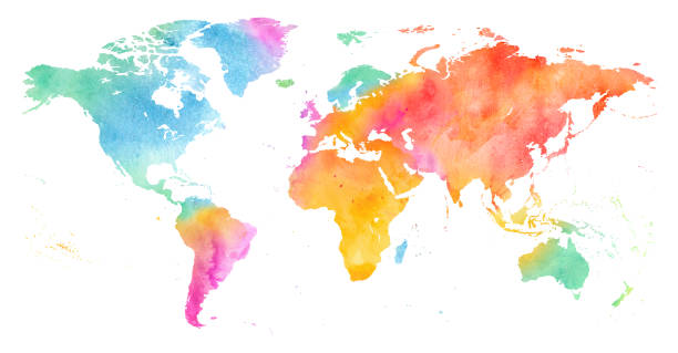 High detailed Multicolor Watercolor World Map. High detailed Multicolor Watercolor World Map Illustration on white Background, Side View. human interest stock illustrations