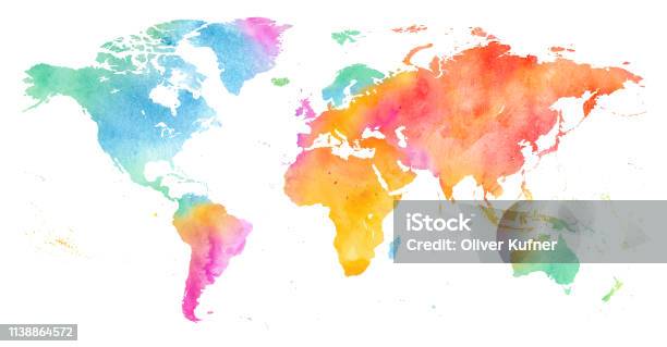 High Detailed Multicolor Watercolor World Map Stock Illustration - Download Image Now - World Map, Globe - Navigational Equipment, Multi Colored