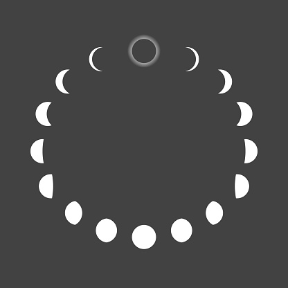 Moon phases vector illustration, lunar drawings on dark background.