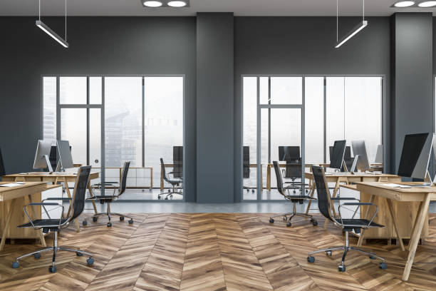 istock Side view of modern office with gray walls 1138866224