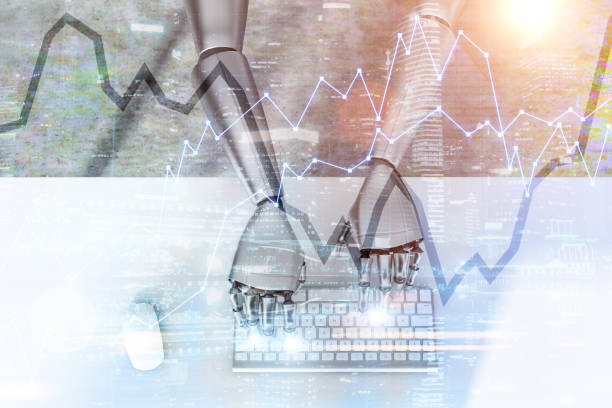 istock Top view of robot hands typing, graph 1138866538