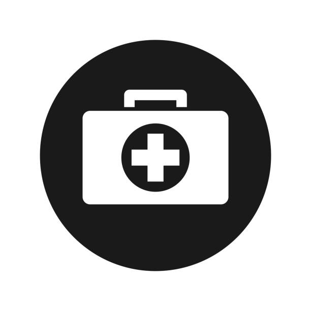 First aid kit icon flat black round button vector illustration First aid kit icon vector illustration design isolated on flat black round button doctors bag stock illustrations