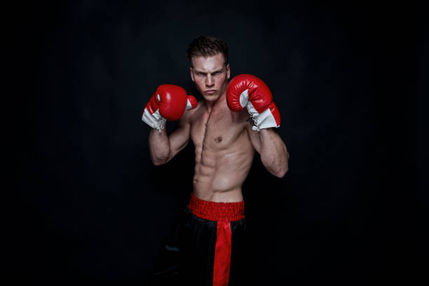 istock Sexy male boxer on black background 1138869409