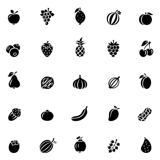 illustrazioni stock, clip art, cartoni animati e icone di tendenza di set di icone frutta - frutta immagine