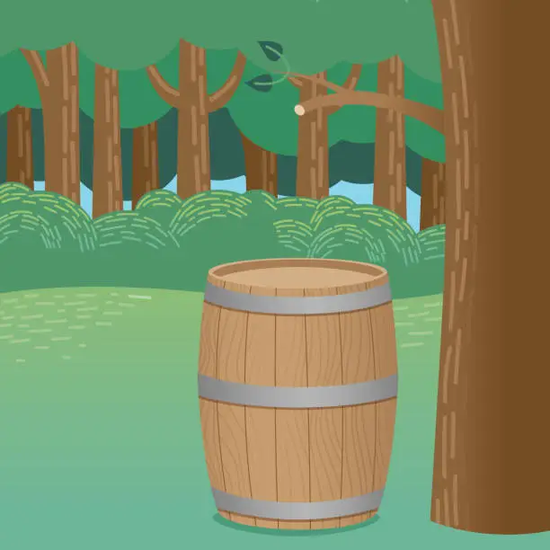 Vector illustration of Cartoon Forest Scene with Wine Barrel