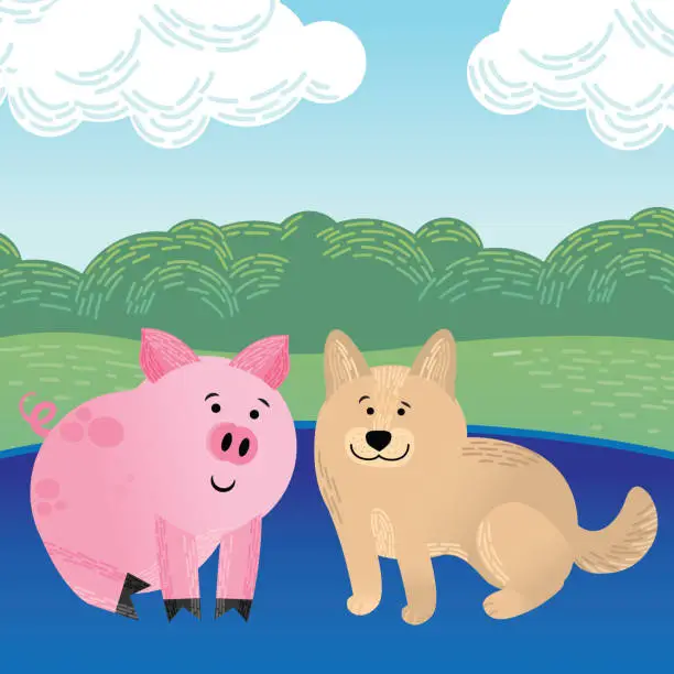 Vector illustration of Child's Cartoon of Cute Pig and Dog Playing. Vector Illustration.