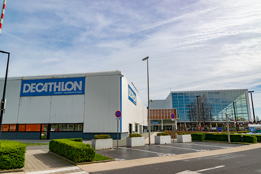 Villeneuve d'Ascq,FRANCE-March 24,2019: Decathlon store and its headquarters in Villeneuve d'Ascq.French market Decathlon is one of the largest sales networks for sports equipment in the world.