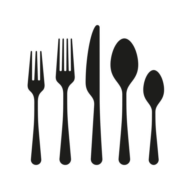 die konturen des bestecks. löffel, messer, gabeln - fork silverware table knife spoon stock-grafiken, -clipart, -cartoons und -symbole