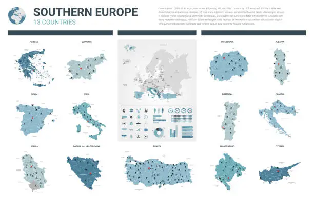 Vector illustration of Vector maps set.  High detailed 13 maps of Southern Europe countries with administrative division and cities. Political map, map of Europe continent, world map, globe, infographic elements.