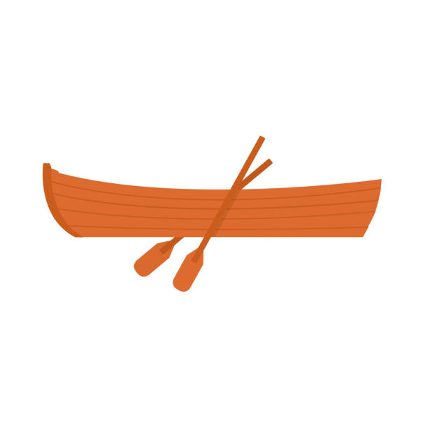 白い背景に木製のボートのアイコン。フラットデザインのベクトルイラスト - rowboat点のイラスト素材／クリップアート素材／マンガ素材／アイコン素材