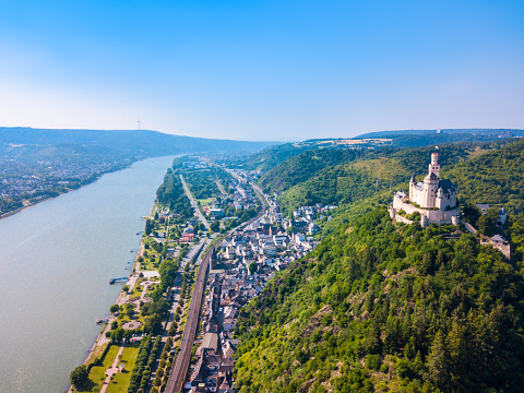 Marksburg aerial panoramic view. Marksburg is a castle above the Braubach town in Rhineland-Palatinate, Germany