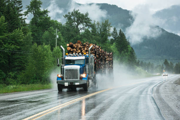 Semi-Truck on a Highway in the Canadian Rocky Mountains of British Columbia, Canada Semi-truck driving on a highway in the beautiful wilderness landscape of the Canadian Rockies of British Columbia, Canada. truck rain stock pictures, royalty-free photos & images