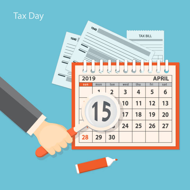 dzień podatkowy z ludzką ręką trzymającą lupę - calendar tax april day stock illustrations