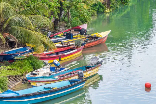 Colorful fishing boats docked on river bank on tropical Caribbean island