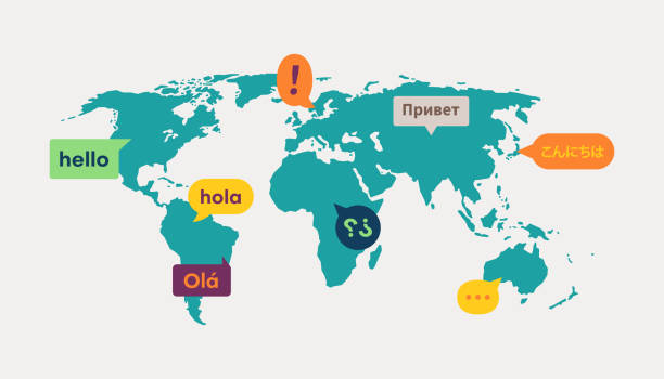 komunikacja tłumaczenia języka na mapie świata - text talking translation learning stock illustrations