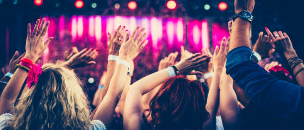 istock Rear view of concert crowd with raised hands 1138892296