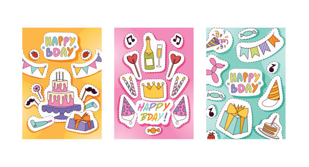 illustrazioni stock, clip art, cartoni animati e icone di tendenza di compleanno festa modello vettore anniversario cartone animato bambini felice torta di nascita o cupcake celebrazione con regali e candele di compleanno bandiere adesivo sfondo sfondo sfondo illustrazione - ribbon nobody cupcake celebration