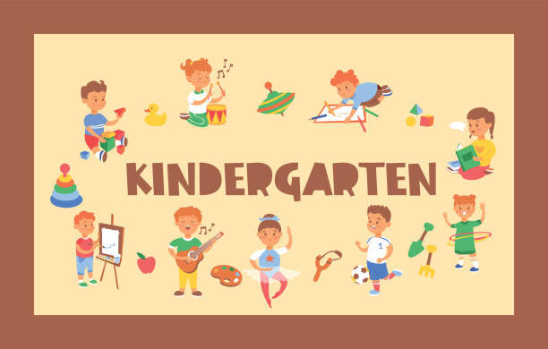 kids vektor-zeichentrickfilm junge charaktere spielen musik auf der gitarre und kinder malerei studium in der kindergartentauge illustration kindliche spielzimmer hintergrund - teaching music learning sign stock-grafiken, -clipart, -cartoons und -symbole