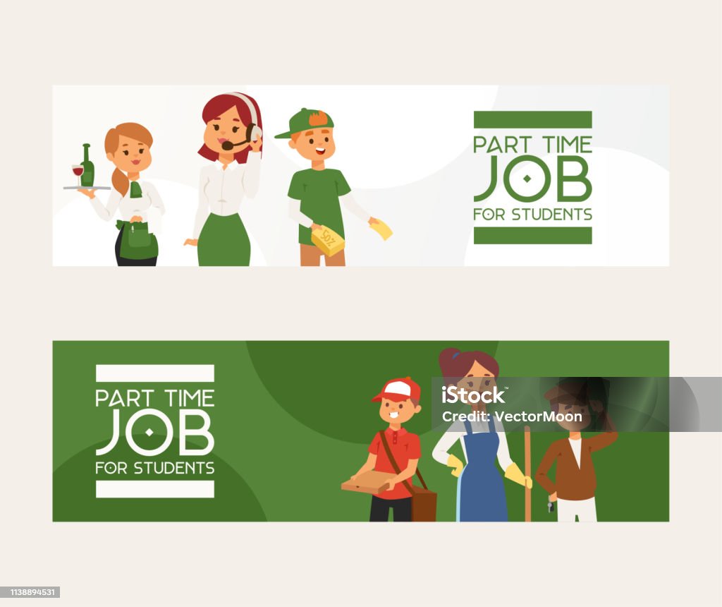 Part Time Work Poster Parttime Job Vector Young Woman Man Character At Part Time Work Stock ...
