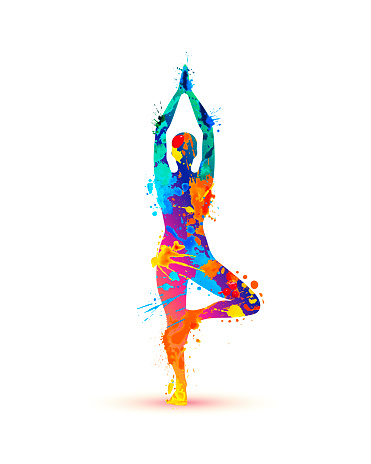 Yoga asana vrikshasana. Tree pose. Silhouette of watercolor splash paint