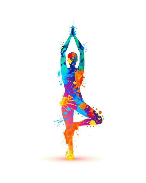 Yoga asana vrikshasana. Tree pose. Splash paint Yoga asana vrikshasana. Tree pose. Silhouette of watercolor splash paint fitness body stock illustrations