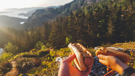 The hands of a couple holding a hot dog each, with a beautiful and stunning view on the fjord. Sausage covered with mustard. Outdoor activities, outdoor cooking. Small picknick grill on the ground.