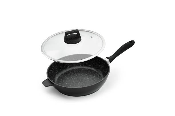 istock Kitchen frying pan with black plastic handle glass cover isolate on white background 1138896992