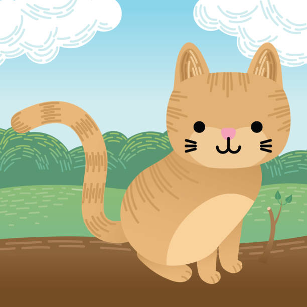 Cute Cartoon Ginger Cat Sits on a Log vector art illustration