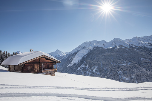 Ski hut in the Austrian mountains in winter.