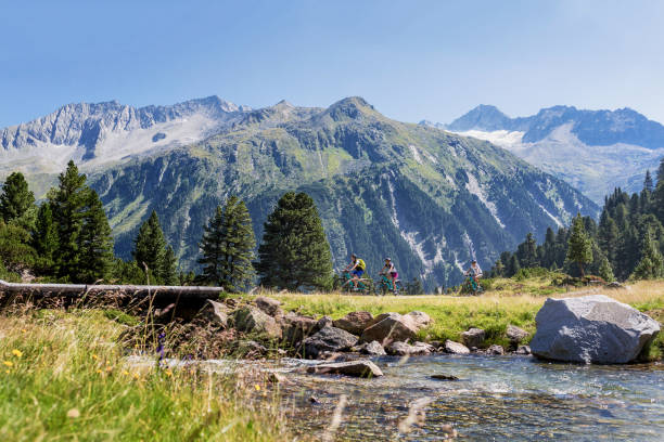 riding mountain bikes in the Tyrolean Alps Family is riding mountain bikes in the Tyrolean Alps on a gravel road on a stream with a wooden bridge. catinaccio stock pictures, royalty-free photos & images