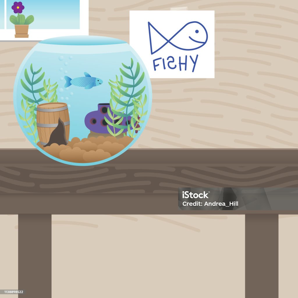 Child's Cartoon of Pet Fish in Fish Bowl. Vector Illustration. Animal stock vector