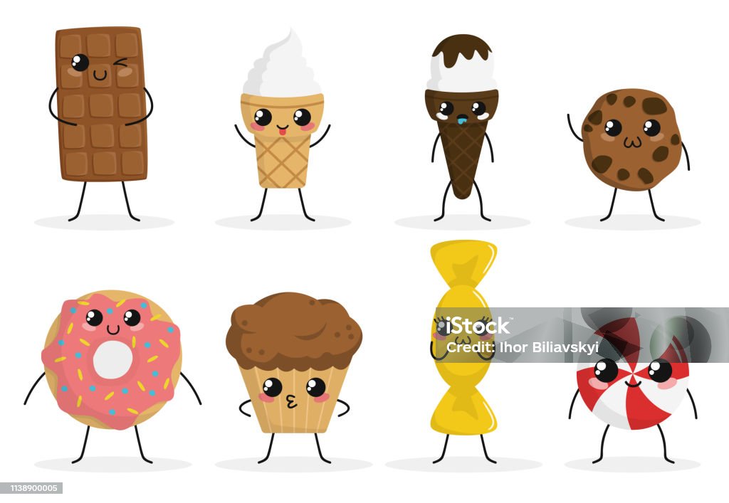 Cute Funny Food Characters Set Isolated On White Background Sweets  Collection Junk Food Ice Cream Donut Cookies Candy Cake Beautiful Simple Cartoon  Design Flat Style Vector Illustration Stock Illustration - Download Image