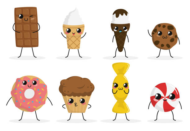 Cute Funny Food Characters Set Isolated On White Background Sweets  Collection Junk Food Ice Cream Donut Cookies Candy Cake Beautiful Simple  Cartoon Design Flat Style Vector Illustration Stock Illustration - Download  Image
