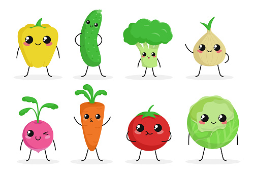 Cute funny food characters set isolated on white background. Vegetables collection. Healthy food. Carrot, cucumber, broccoli, tomato. Beautiful simple cartoon design. Flat style vector illustration.