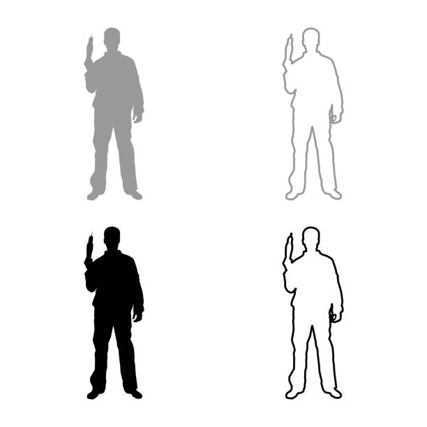 istock Repairman master man in overalls with tool in his hands electric drill View with front icon set grey black color illustration outline flat style simple image 1138900124