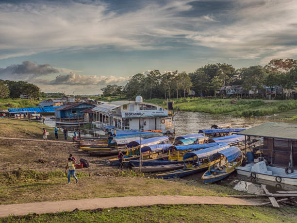 Leticia, Brazil - Dec 03, 2017: Port of Amazon river in Leticia, during the low water season.