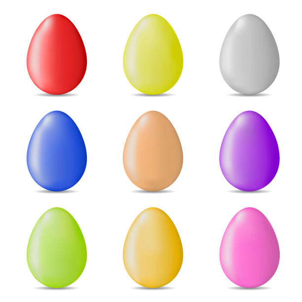 ilustraciones, imágenes clip art, dibujos animados e iconos de stock de conjunto de huevos de pascua realistas coloridos aislados sobre fondo blanco. brillantes huevos brillantes. ilustración vectorial para su diseño. - easter holiday feast day yellow