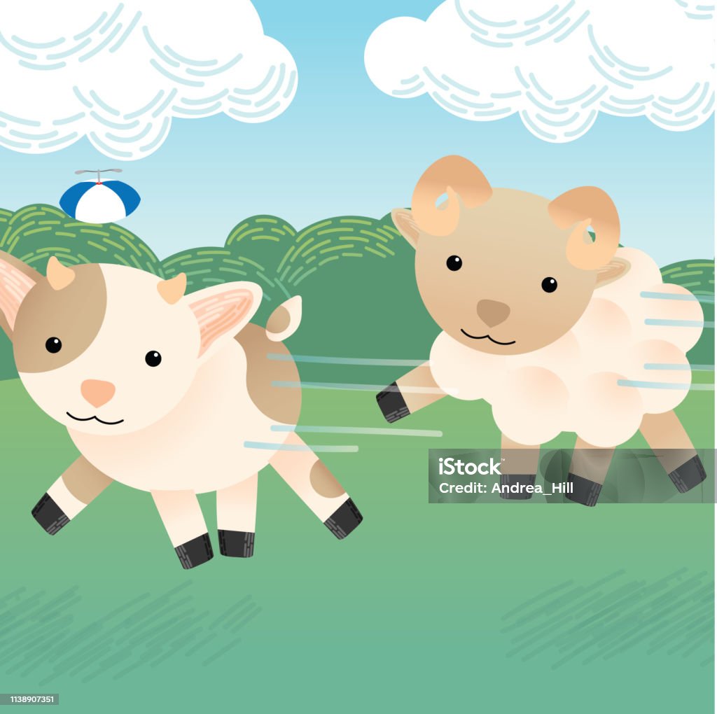 Cute Goat and Sheep Run in Pasture Goat stock vector