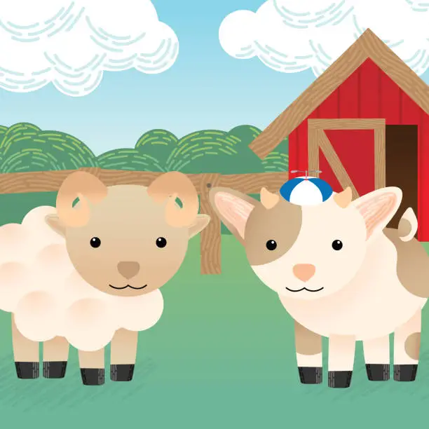 Vector illustration of Cute Goat and Ram in the Barn Yard