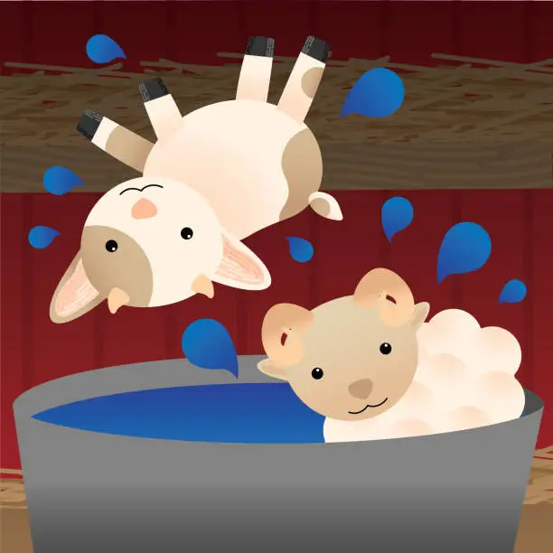 Vector illustration of Cute Goat and Ram Playing in their Swimming Pool