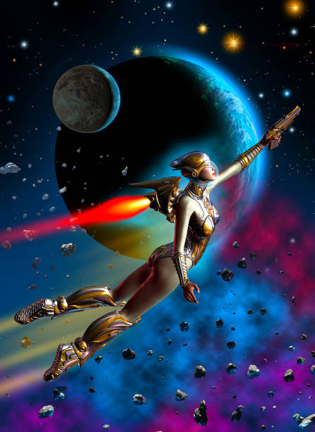 istock Futuristic woman soldier that is flying with jetpack in the outer space, 3d illustration 1138907887
