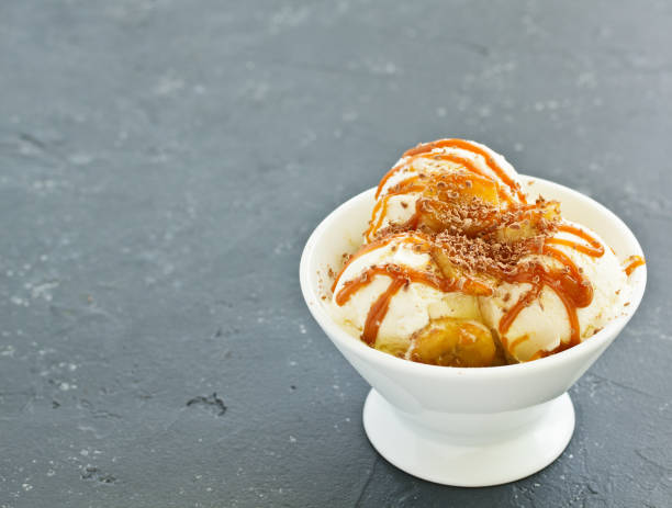 istock vanilla ice cream with bananas and caramel in a bowl. 1138907891