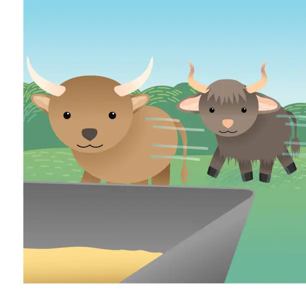 Vector illustration of Livestock Run to Their Food