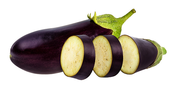 Fresh sliced eggplant isolated on white background  with clipping path