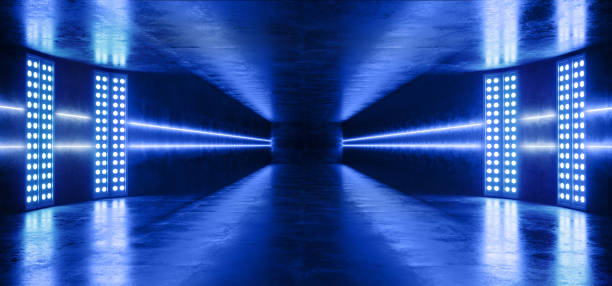 istock Virtual Reality Neon Glowing Sci Fi Futuristic Spaceship Dark Empty Tunnel Corridor Fluorescent Vibrant Blue Grunge Concrete Reflective Track Underground Garage 3D Rendering 1138913199