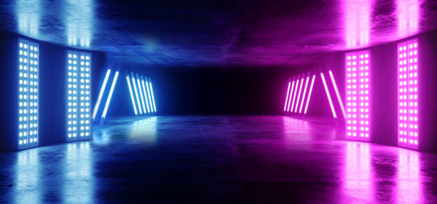 istock Virtual Reality Neon Glowing Sci Fi Futuristic Spaceship Dark Empty Tunnel Corridor Fluorescent Vibrant Purple Blue Grunge Concrete Reflective Track Underground Garage 3D Rendering 1138913229