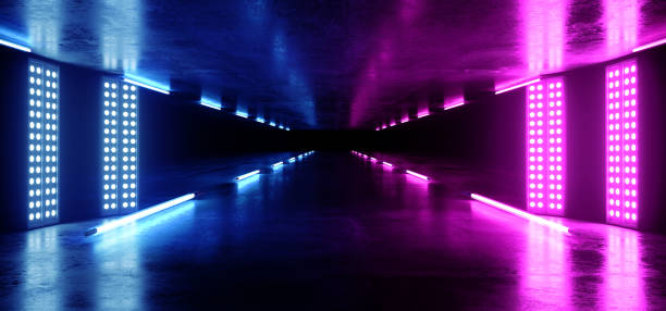 istock Virtual Reality Neon Glowing Sci Fi Futuristic Spaceship Dark Empty Tunnel Corridor Fluorescent Vibrant Purple Blue Grunge Concrete Reflective Track Underground Garage 3D Rendering 1138913263
