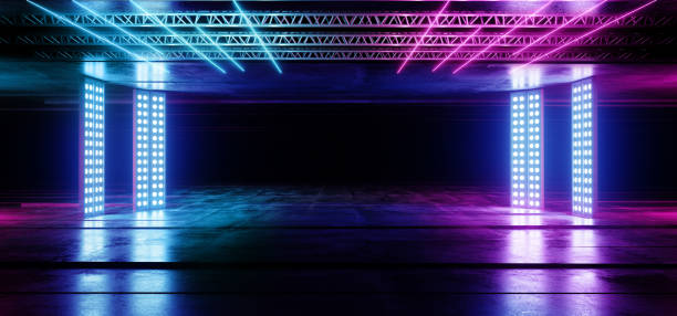 istock Virtual Neon Glowing Structure Sci Fi Futuristic Spaceship Dark Empty Tunnel Corridor Fluorescent Vibrant Purple Blue Grunge Concrete Reflective Track Underground Garage 3D Rendering 1138913341